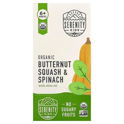 Serenity Kids, Ekologisk butternutpumpa och spenat med olivolja, 6+ månader, 6 påsar, 99 g styck