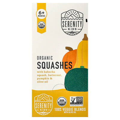 Serenity Kids, Ekologiska squash med kabocha squash, butternut, pumpa och olivolja, 6+ månader, 6 påsar, 99 g styck