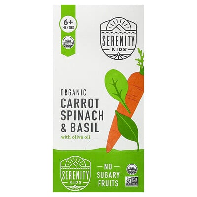 Serenity Kids, Ekologisk morot, spenat och basilika med olivolja, 6+ månader, 6 påsar, 99 g styck