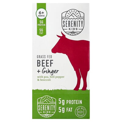 Serenity Kids, Gräsbetat nötkött + ingefära med ärtor, paprika och broccoli, 6+ månader, 6 påsar, 99 g styck