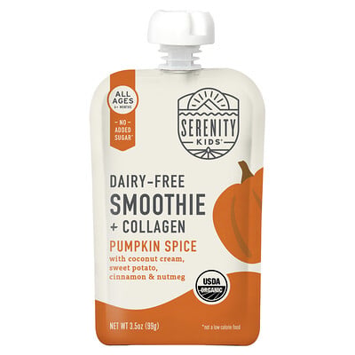 Serenity Kids, Mejerifri smoothie + kollagen, alla åldrar 6+ månader, pumpakrydda, 99 g Serenity Kids, Mejerifri smoothie + kollagen, alla åldrar 6+ månader, pumpakrydda, 99 g