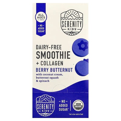 Serenity Kids, Mejerifri smoothie + kollagen, alla åldrar 6+ månader, bärbutternut, 6 påsar, 99 g styck