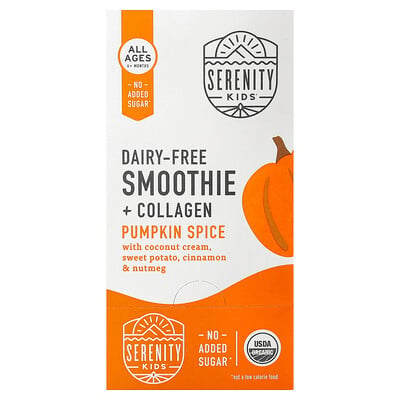 Serenity Kids, Mejerifri smoothie + kollagen, alla åldrar 6+ månader, pumpakrydda, 6 påsar, 99 g styck