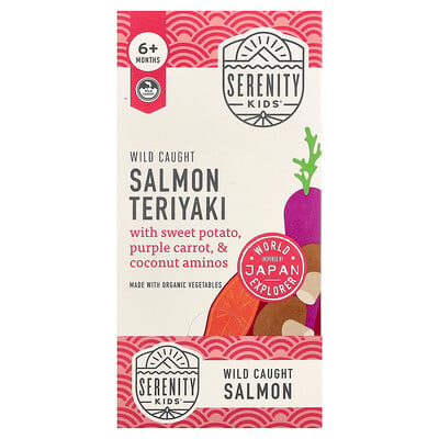 Serenity Kids, Vildfångad lax Teriyaki med sötpotatis, lila morot och kokosaminosyror, 6+ månader, 6 påsar, 99 g styck