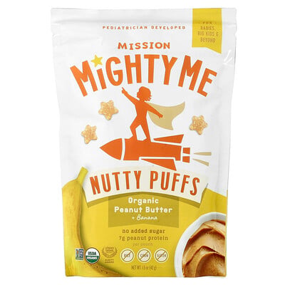 Mission MightyMe, Nutty Puffs, ekologiskt jordnötssmör + banan, 42 g