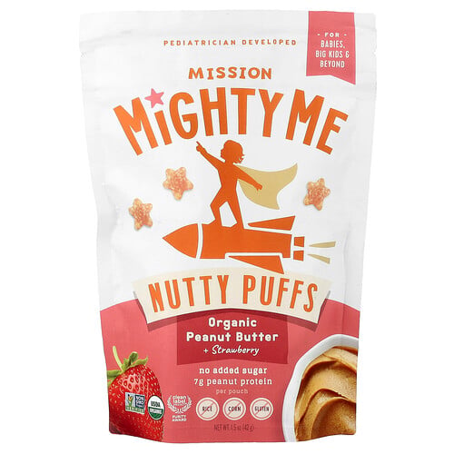 Mission MightyMe, Nutty Puffs, ekologiskt jordnötssmör + jordgubb, 42 g