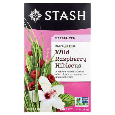 Stash Tea, Örtte, vildhallonhibiskus, koffeinfritt, 20 tepåsar, 38 g