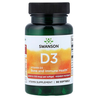 Swanson, Vitamin D3, högsta potens, 125 mcg (5 000 IE), 90 mjukkapslar