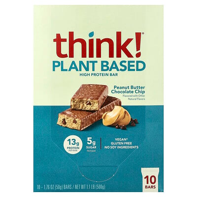 Think !, Växtbaserade proteinbarer, jordnötssmör och chokladbitar, 10 barer, 50 g styck