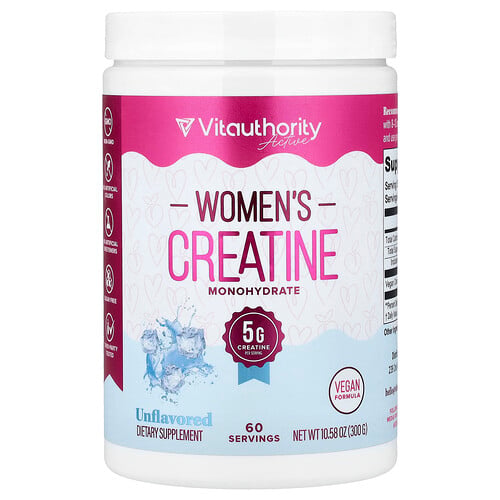 Vitauthority, Active, Kreatinmonohydrat för kvinnor, Osmaksatt, 300 g Vitauthority, Active, Kreatinmonohydrat för kvinnor, Osmaksatt, 300 g