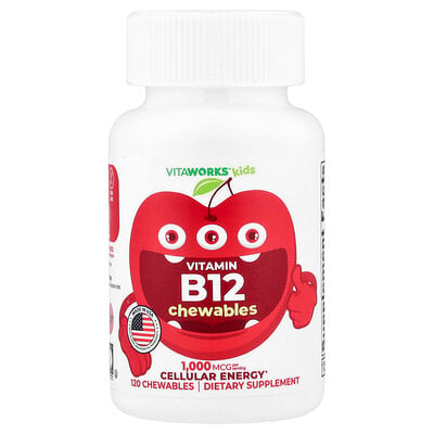 VitaWorks, Barn, vitamin B12 tuggtabletter, körsbär, 120 tuggtabletter (500 mcg per tuggtablett)
