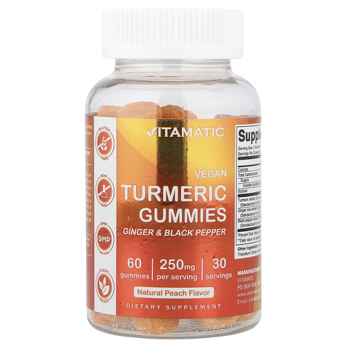 Vitamatic, Veganska gurkmeja gummies, naturlig persika, 60 gummies