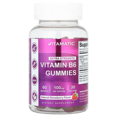 Vitamatic, Vitamin B6, extra styrka, naturlig jordgubbe, 60 gummies (50 mg per gummi)