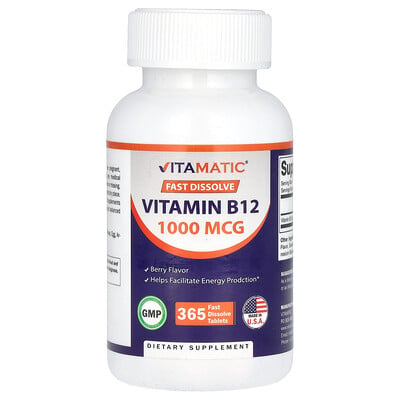 Vitamatic, Vitamin B12, bär, 1 000 mcg, 365 snabblösliga tabletter