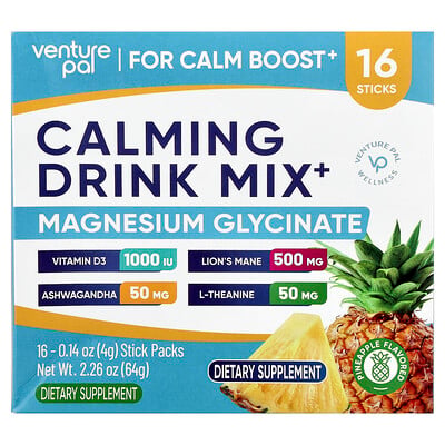 Venture Pal, Lugnande dryckesmix+, magnesiumglycinat, ananas, 16 stickförpackningar, 0,14 oz (4 g) styck