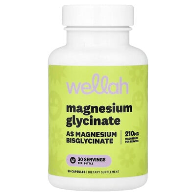 Wellah, Magnesiumglycinat, 210 mg, 90 kapslar (70 mg per kapsel)