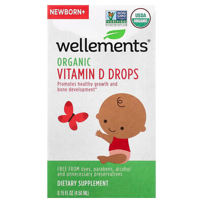 Wellements, Ekologiska D-vitamindroppar, nyfödda+, 4,5 ml