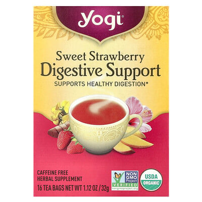 Yogi Tea, Matsmältningsstöd, söt jordgubbe, koffeinfri, 16 tepåsar, 32 g