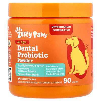 Zesty Paws, Dentalt probiotiskt pulver, för hundar, alla åldrar, bacon, 90 g