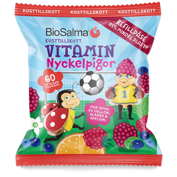 BioSalma Multivitamin Nyckelpiga, Hallon/Blåbär/Apelsin, Refill - 60 Gummies