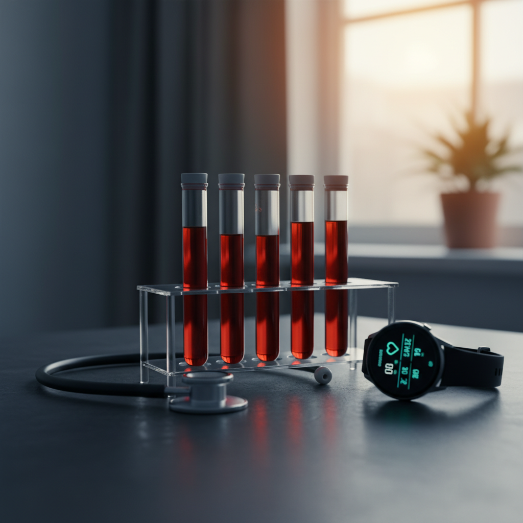 Blodprovsrör i ställ med stetoskop och aktivitetsarmband