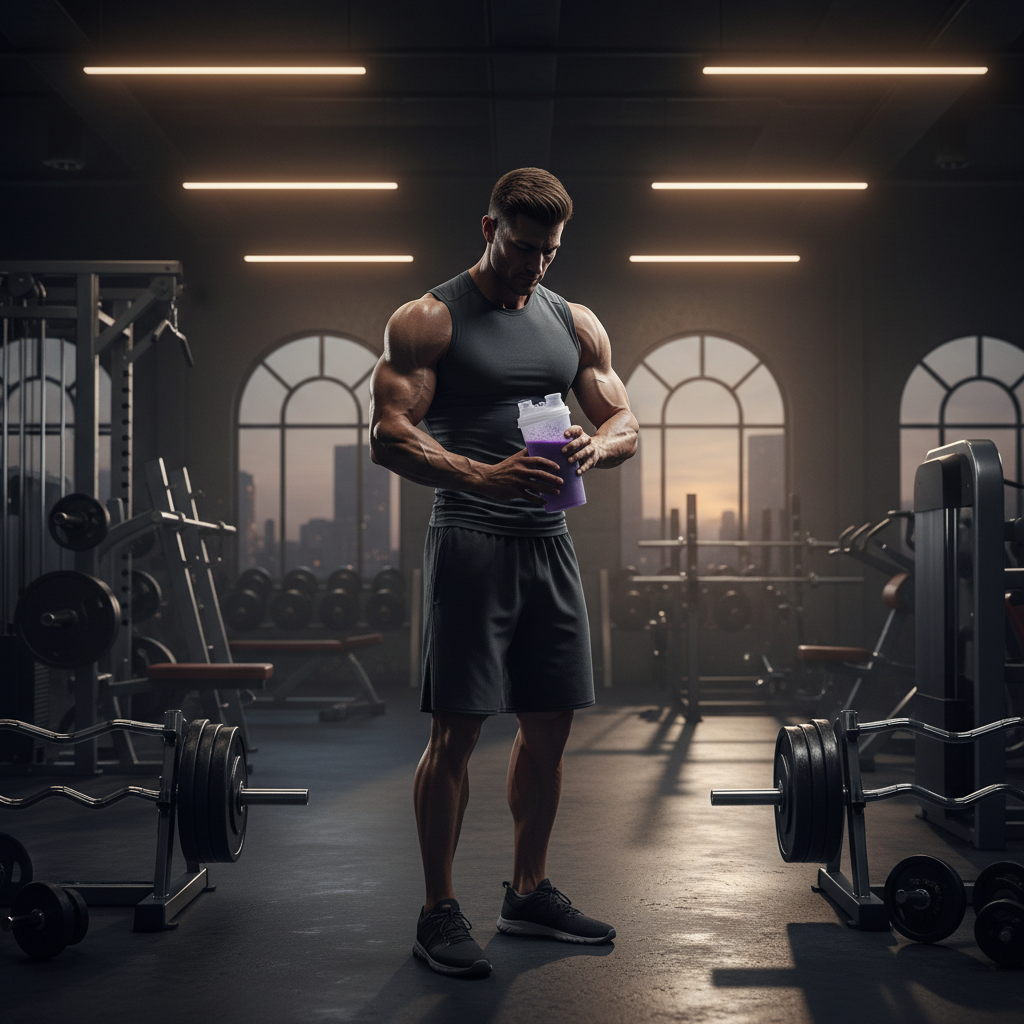 Person blandar en supplement-shake i gymmet