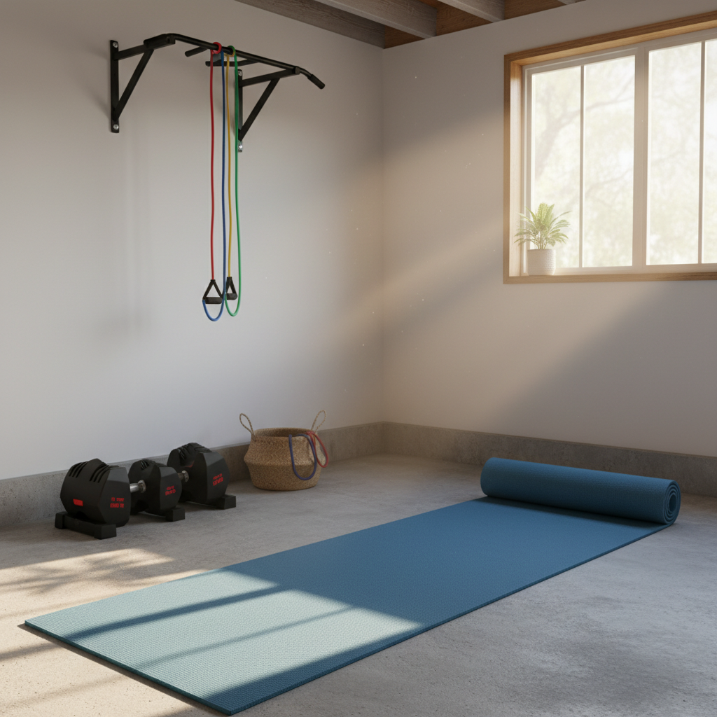 Kompakt hemmagym med justerbara hantlar, pull-up bar och yogamatta