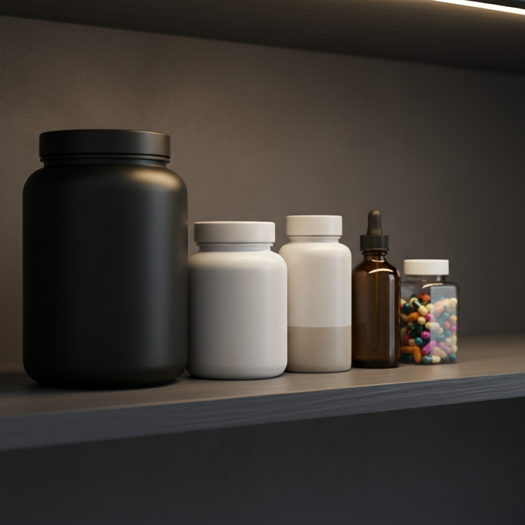 Samling av kosttillskott: proteinpulver, kreatin, omega-3 och vitaminer