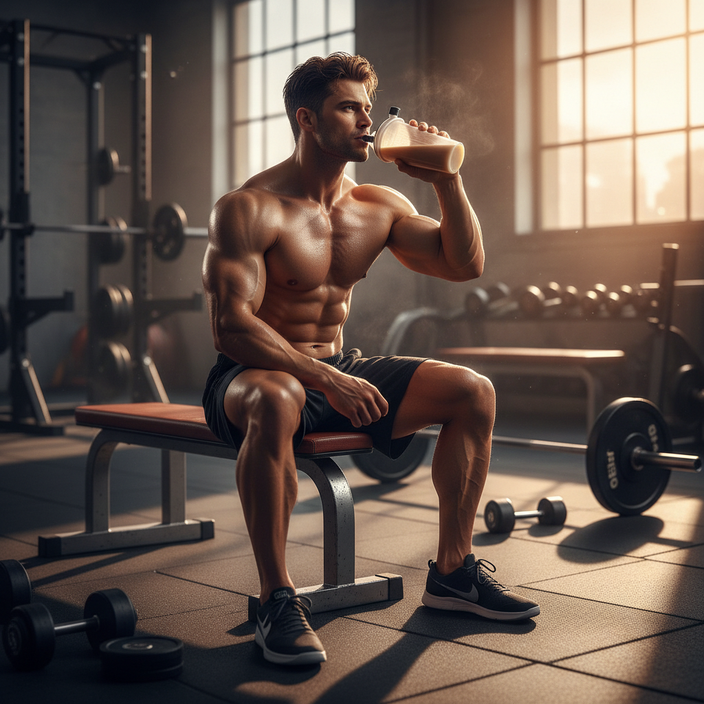 Atlet dricker proteinshake efter träning på gymbänk