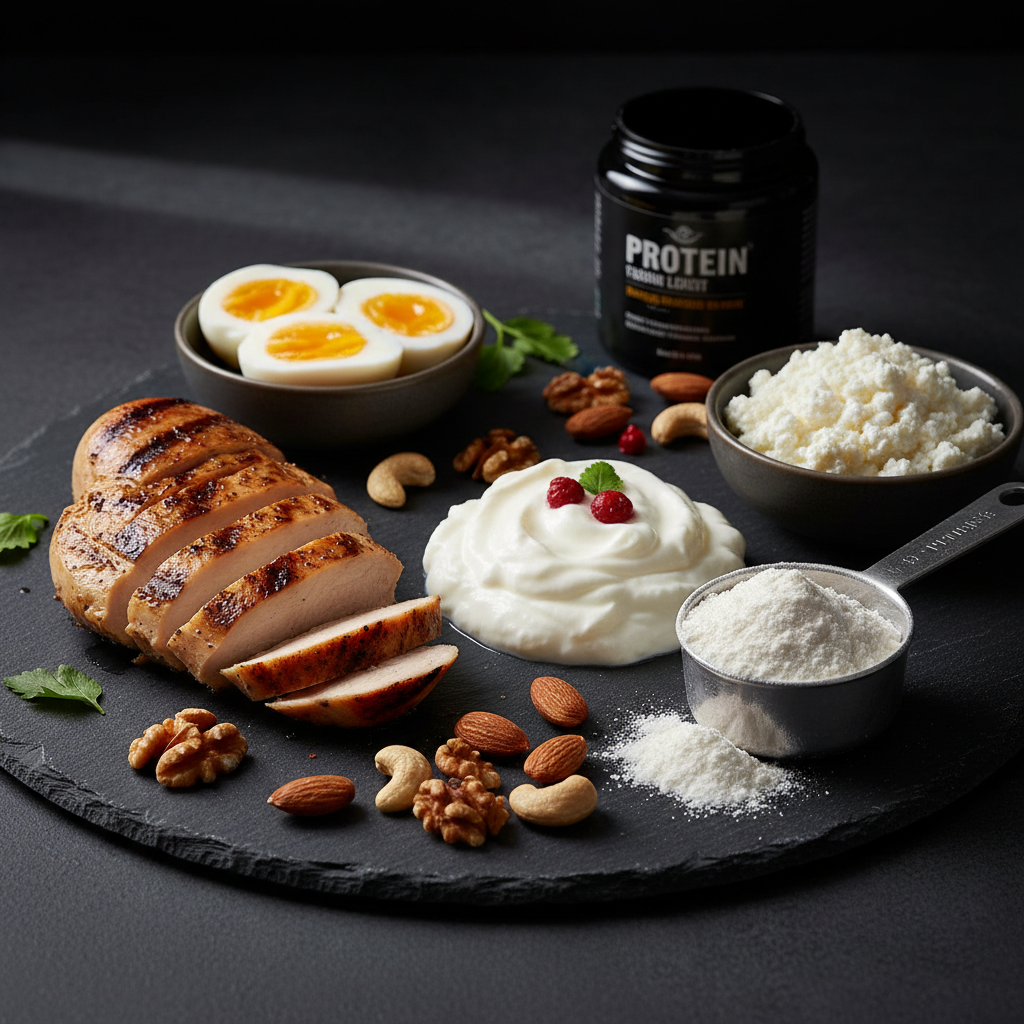 Varierade proteinkällor arrangerade på mörk skifferyta